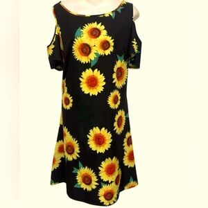 Shein Women’s Black Cold Shoulder Short Sleeve Sunflower Print Dress Size XL